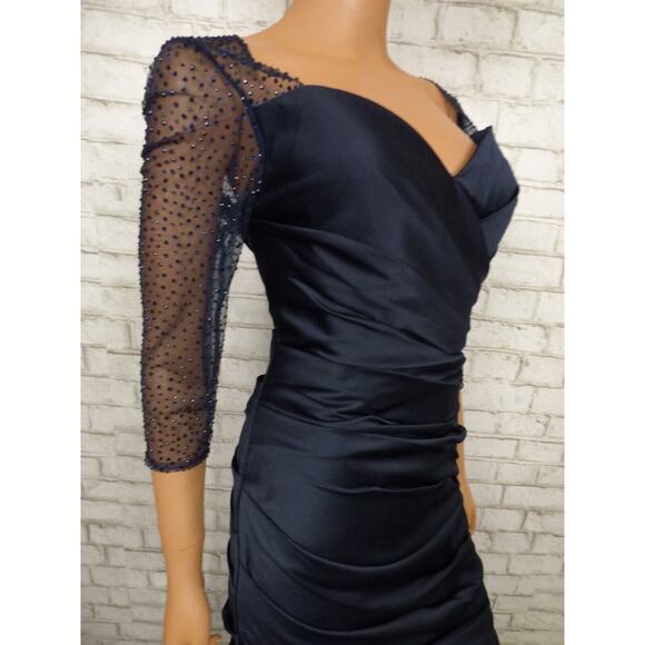 $558 La Femme 30138 Navy Blue Satin Ruched Trumpet Illusion Gown 12 NEW - Picture 6 of 16